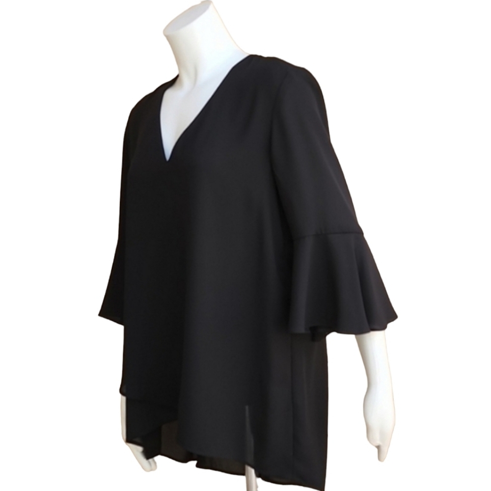 KAREN KANE Black Chiffon Blouse M Crossover Hem Ruffle Bell Sleeve Top - Picture 15 of 16